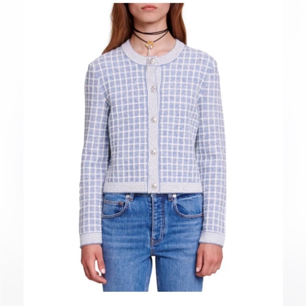 Maje “Maloney” Blue Checkered Cardigan